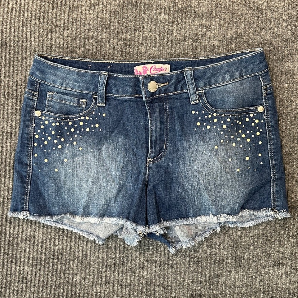 Candie's‎ Rhinestone Embellished Denim Shorts 5 Blue Frayed Hem Cutoffs
